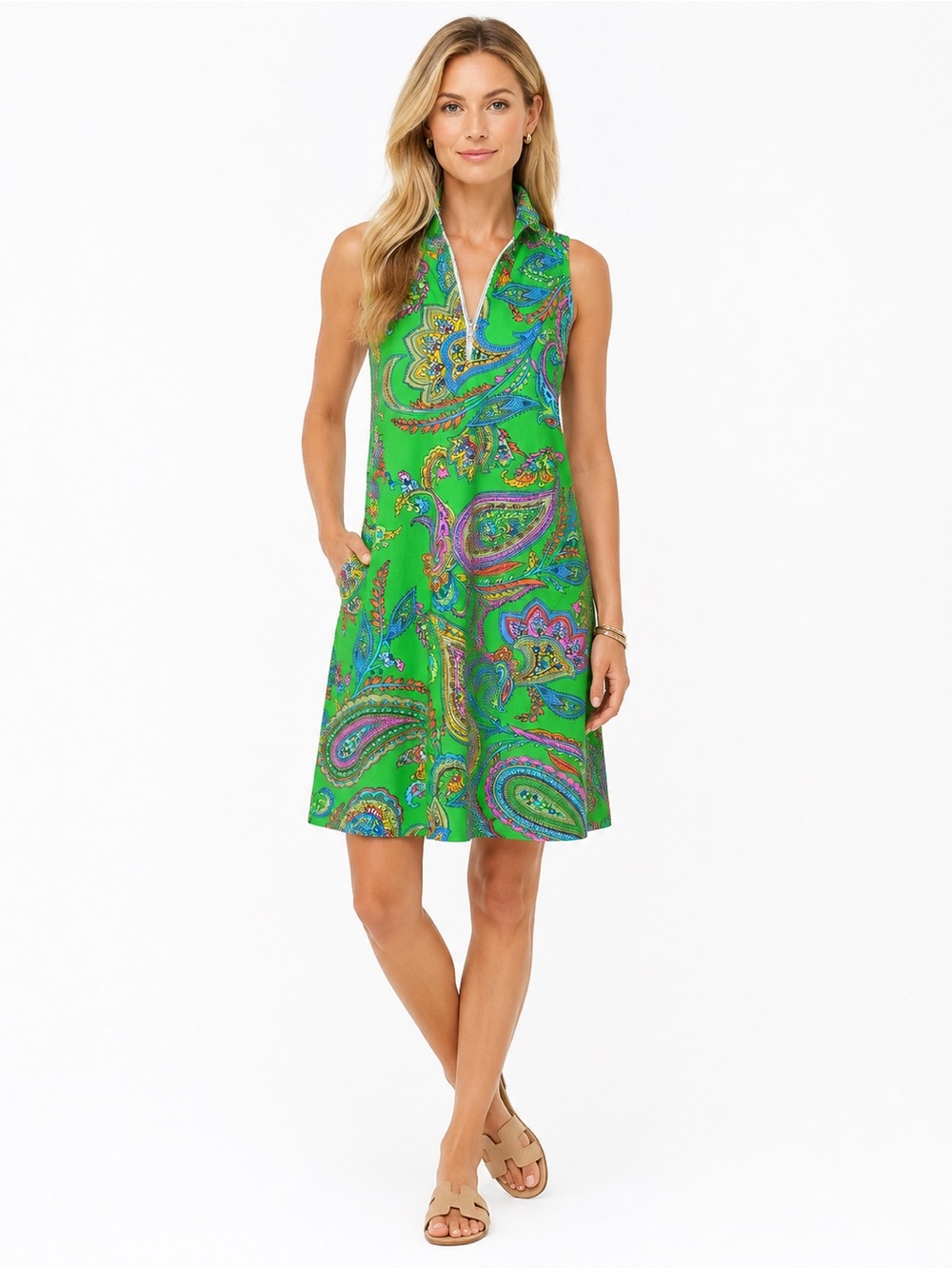 S Tropical Resortwear Made in USA Stretchy Sleeveless Zip Neck Shift Dress Swim